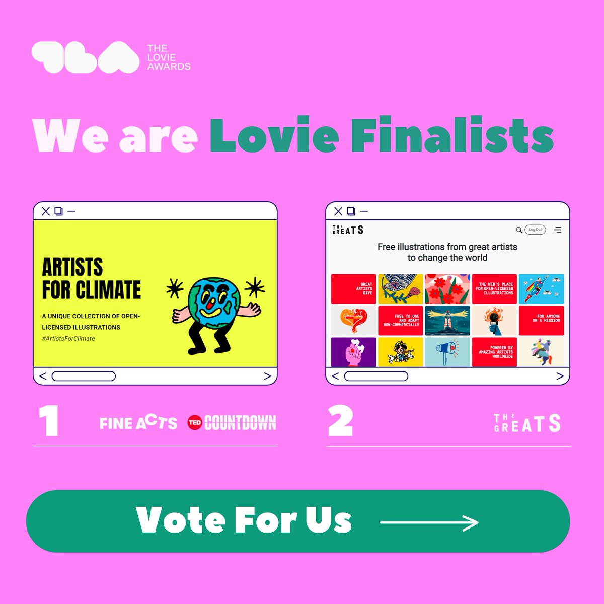 pavel kounchev (@cuteater) on Twitter photo not one but TWO <a href="/LovieAwards/">The Lovie Awards</a> finalists we have HOHO!!
please vote for TheGreats.co - the best global source for social impact illustrations
or
please vote for our favorite <a href="/TEDCountdown/">TEDCountdown</a> collab - ArtistsForClimate.org
π vote.lovieawards.com/PublicVoting#/β¦ not one but TWO <a href="/LovieAwards/">The Lovie Awards</a> finalists we have HOHO!!
please vote for TheGreats.co - the best global source for social impact illustrations
or
please vote for our favorite <a href="/TEDCountdown/">TEDCountdown</a> collab - ArtistsForClimate.org
π vote.lovieawards.com/PublicVoting#/β¦