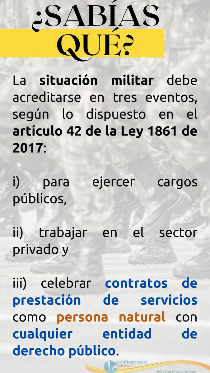 contrataenlinea's tweet photo. 📌¿Sabías que el artículo 42 de la Ley 1861/2017 dispone que la SITUACIÓN MILITAR debe acreditarse en tres eventos❓ https://t.co/3EkJZwaNva https://t.co/QbaL33PQJe