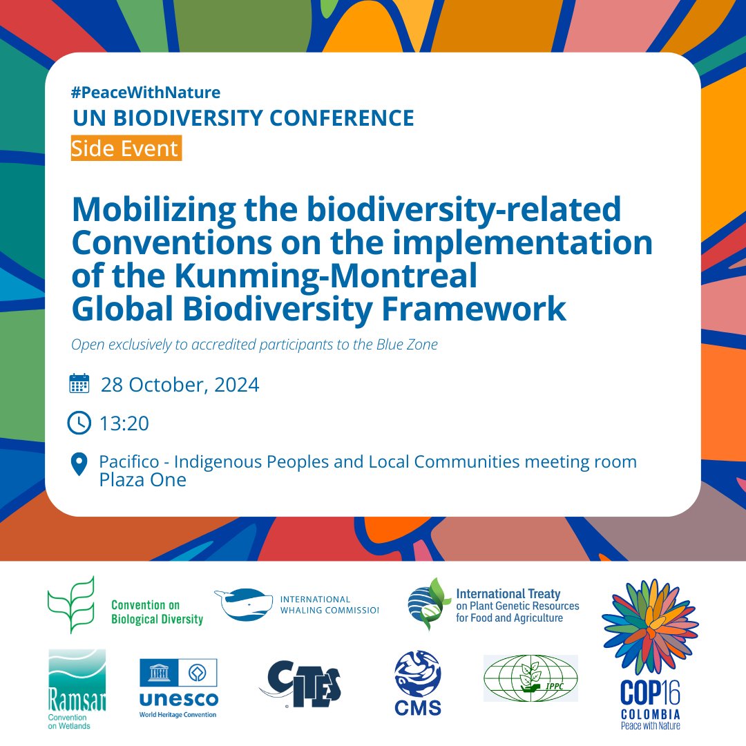 Join us at #COP16Colombia for a side event on cooperation between biodiversity conventions! 

Explore how countries are integrating efforts to implement the #KMGBF.

Oct 28 | 13:20 | Room: Pacifico

cbd.int/side-events/57…