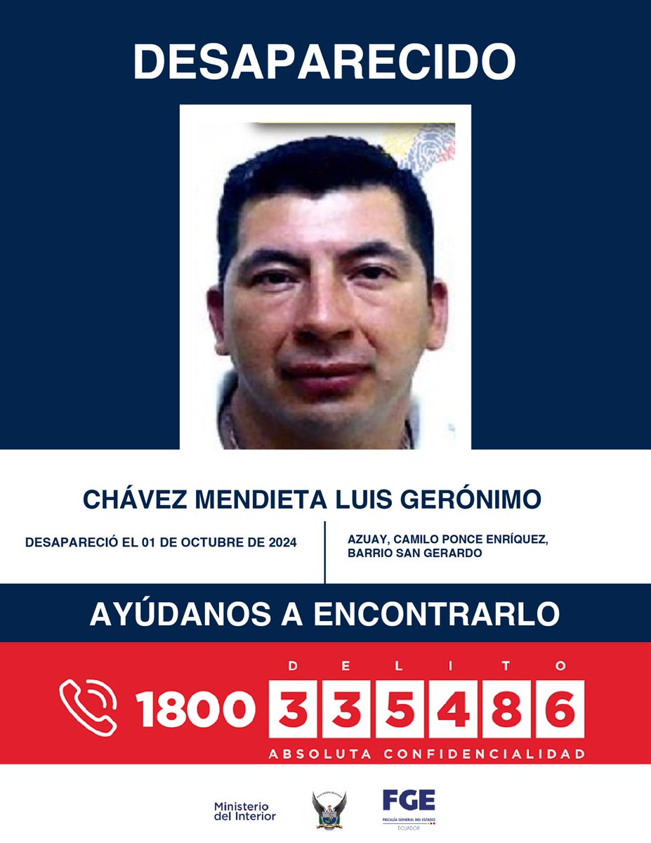 FiscaliaEcuador's tweet photo. #DesaparecidosEcuador | #Azuay: si tienes información sobre la ubicación de Hermel Fabián Carpio Pezantes, Luis Gerónimo Chávez Mendieta y Wilmer Severo Durán Bermeo, comunícate con las autoridades. Fueron vistos por última vez el 1 de octubre de 2024 en #CamiloPonceEnríquez. https://t.co/33yFGDT6tD