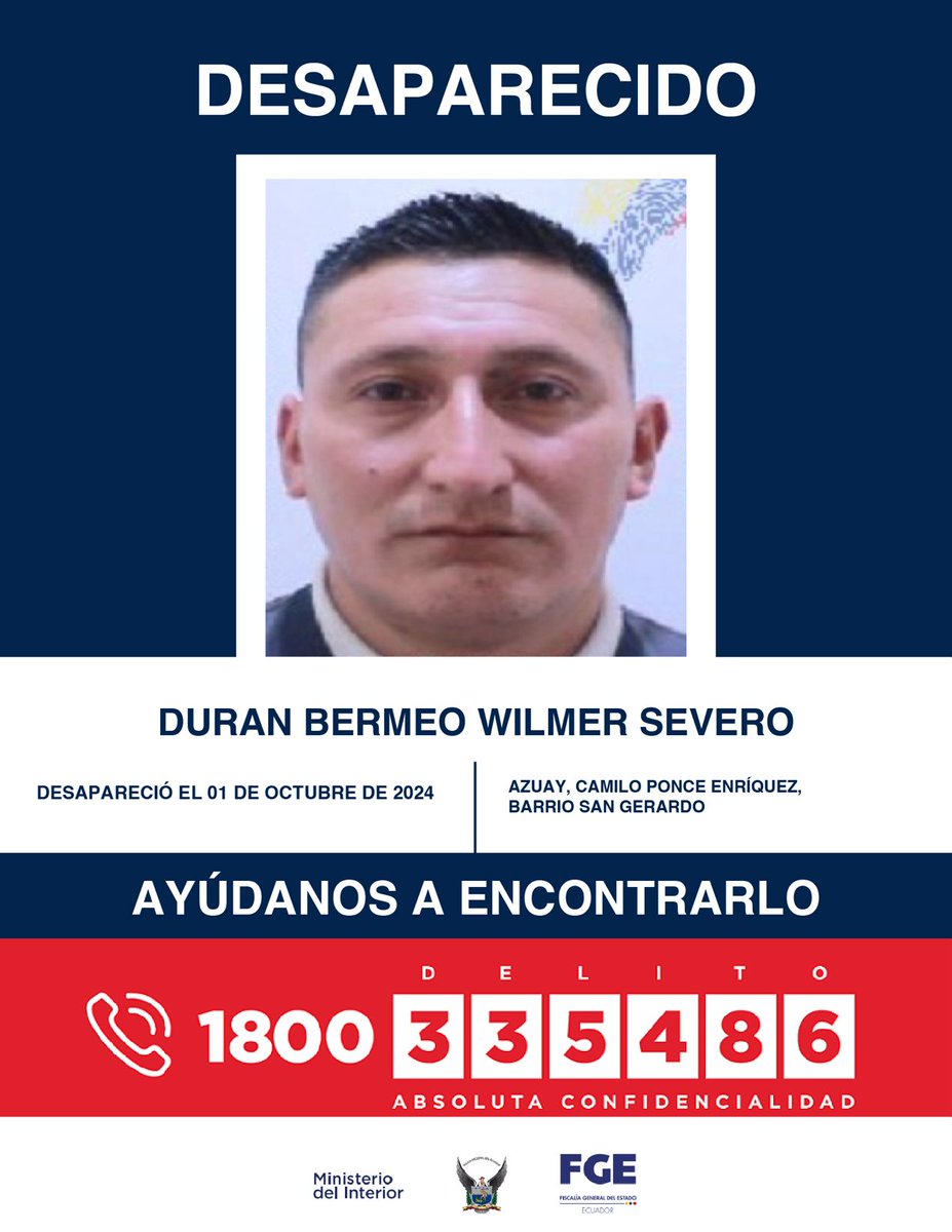 FiscaliaEcuador's tweet photo. #DesaparecidosEcuador | #Azuay: si tienes información sobre la ubicación de Hermel Fabián Carpio Pezantes, Luis Gerónimo Chávez Mendieta y Wilmer Severo Durán Bermeo, comunícate con las autoridades. Fueron vistos por última vez el 1 de octubre de 2024 en #CamiloPonceEnríquez. https://t.co/33yFGDT6tD