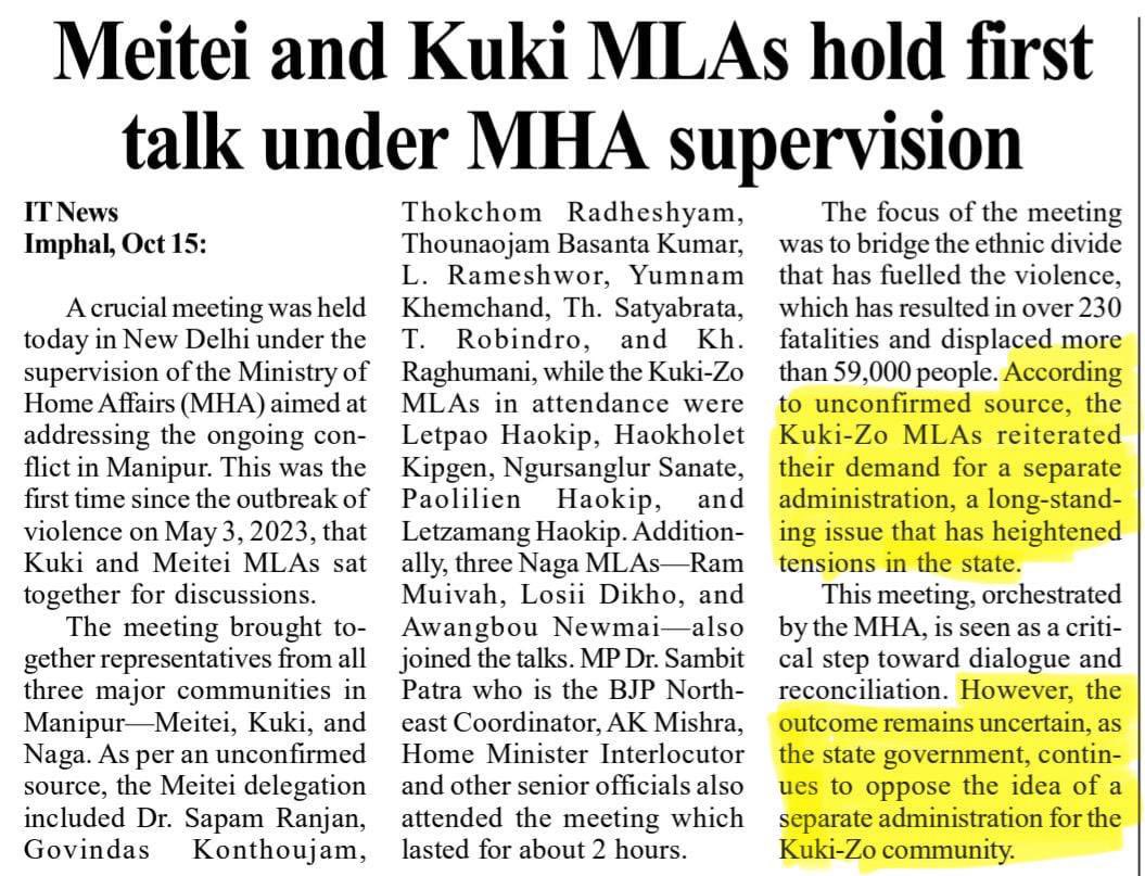 Iam_amby's tweet photo. Manipur: The discussion wasn’t about peace but about finding a solution. KukiZo MLAs reaffirmed the people’s demand for separation from Manipur—there is no other viable option.
You can’t slaughter people like animals and then invite them to peace talks. We all share the same fundamental rights under the Indian Constitution 🇮🇳.
𝐒𝐞𝐩𝐚𝐫𝐚𝐭𝐢𝐨𝐧 Is the 𝐎𝐧𝐥𝐲 𝐒𝐨𝐥𝐮𝐭𝐢𝐨𝐧 💯 

@narendramodi
@AmitShah
#KukiLand 
@Chengchengpi 
@haokipkim128 
@Bec_Eimi
@RavinderKapur2