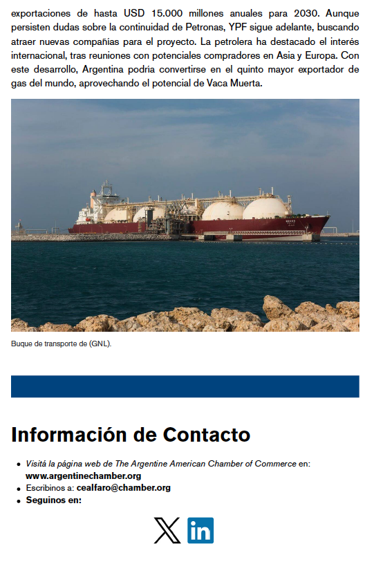 TheAAChamber's tweet photo. 📢 Newsletter #2 de The Argentine American Chamber of Commerce 🇦🇷

💰 FMI: Reducción de sobrecargos, ahorrando $400M/año a Argentina.
💵 BID: Préstamo de $3.800M para energía, minería e infraestructura.
🌍 YPF: Megaproyecto de GNL podría generar $15.000M/año para 2030.

📩👇 https://t.co/M0OHOimtO8