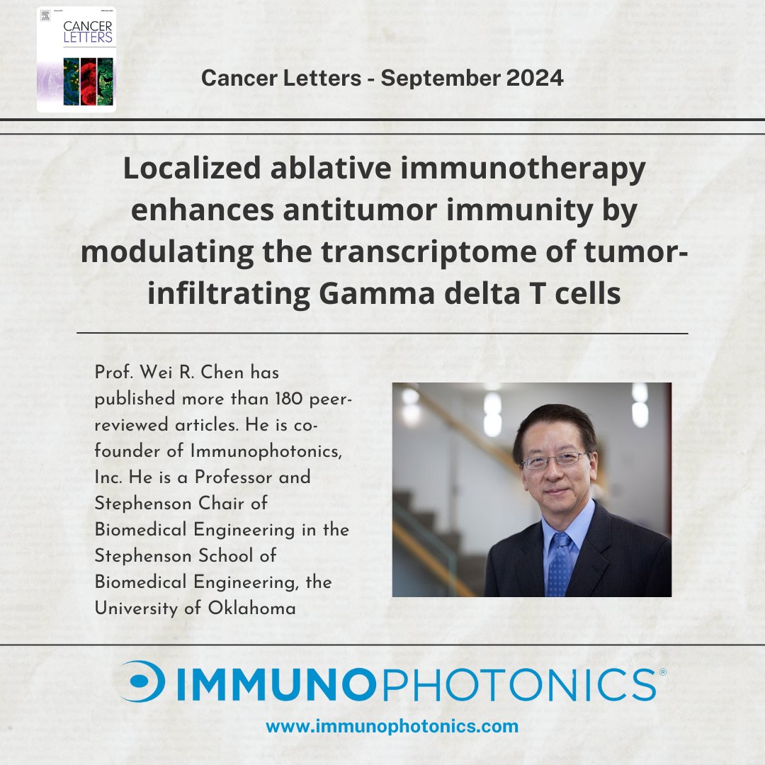 Congratulations to Prof. Wei Chen &amp; his lab Univ. of Oklahoma for their publication titled “Localized ablative immunotherapy enhances antitumor immunity by modulating the transcriptome of tumor-infiltrating Gamma delta T cells” in Elsevier Cancer Letters an international journal.