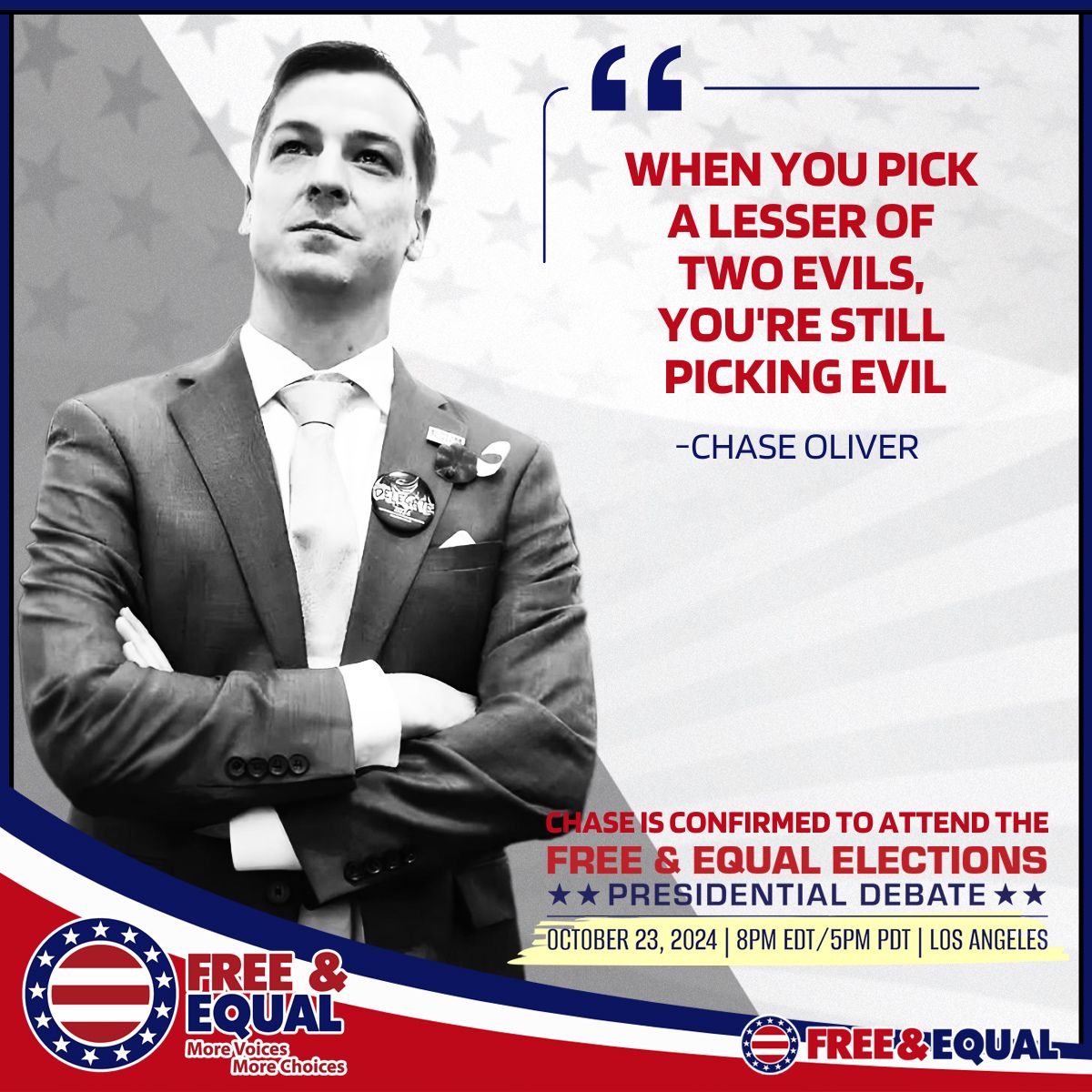 Wise words from <a href="/ChaseForLiberty/">Chase Oliver</a>. Let’s break free from the cycle of choosing the "lesser evil" and fight for real change!

Watch Live: freeandequal.org

#FreeAndEqual #ChaseOliver