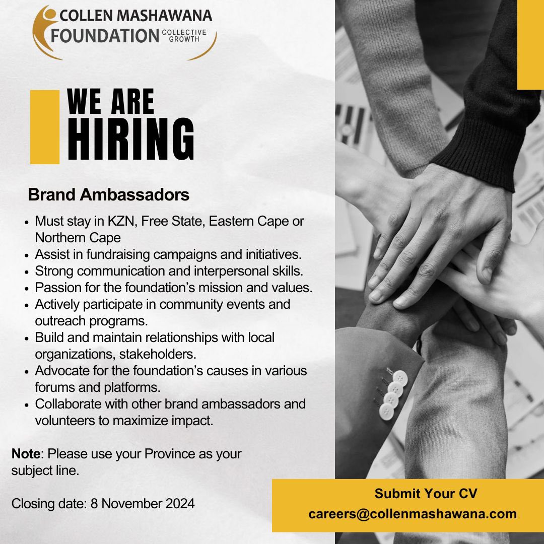 CollenMashFound's tweet photo. EXCITING CAREER OPPORTUNITY!

The Collen Mashawana Foundation is now hiring!
Are you the perfect fit for our team? 

Submit your CV to careers@collenmashawana.com

#collenmashawanafoundation 
#jobvacancy 
#jobalert https://t.co/OpKaww8Crx