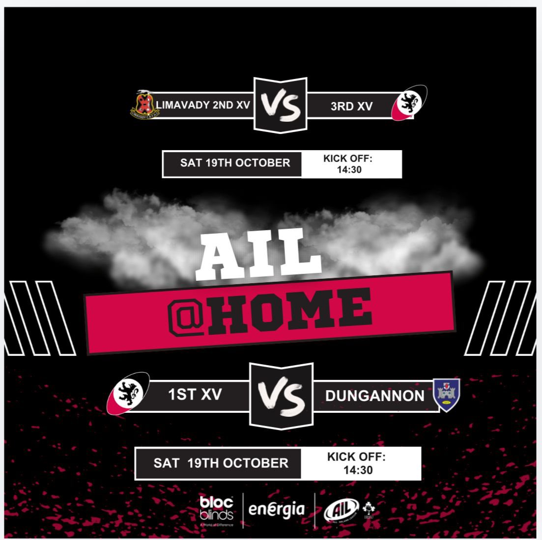 RaineyRFC's tweet photo. The AIL returns to Hatrick Park this Saturday. We will be hosting our neighbours Dungannon in a derby game. All support would be greatly appreciated in what will be a keenly contested game. Our 3rds travel up the Glenshane to play Limavady. 🔴⚫️🏉 https://t.co/9umYCsbvw6