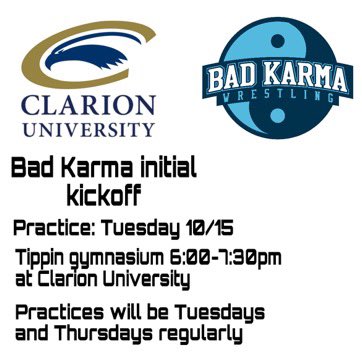 Very first Bad Karma practice at Clarion University went great.  Looking for positive growth of all levels for men and women of all ages in all wrestling styles.

“What we do isn’t for everyone” ☯️