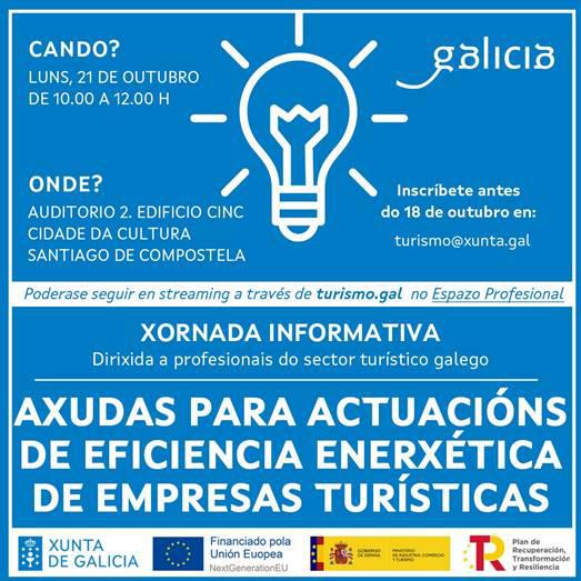 Turgalicia's tweet photo. 📝 Toma nota! O vindeiro luns 21 de outubro tes unha cita.

Organizamos unha xornada informativa sobre as axudas para actuacións de eficiencia enerxética de empresas turísticas, dirixidas a profesionais do sector turístico galego.

ℹ️ https://t.co/L7fNYmDdvS https://t.co/ka5aiG2mO2