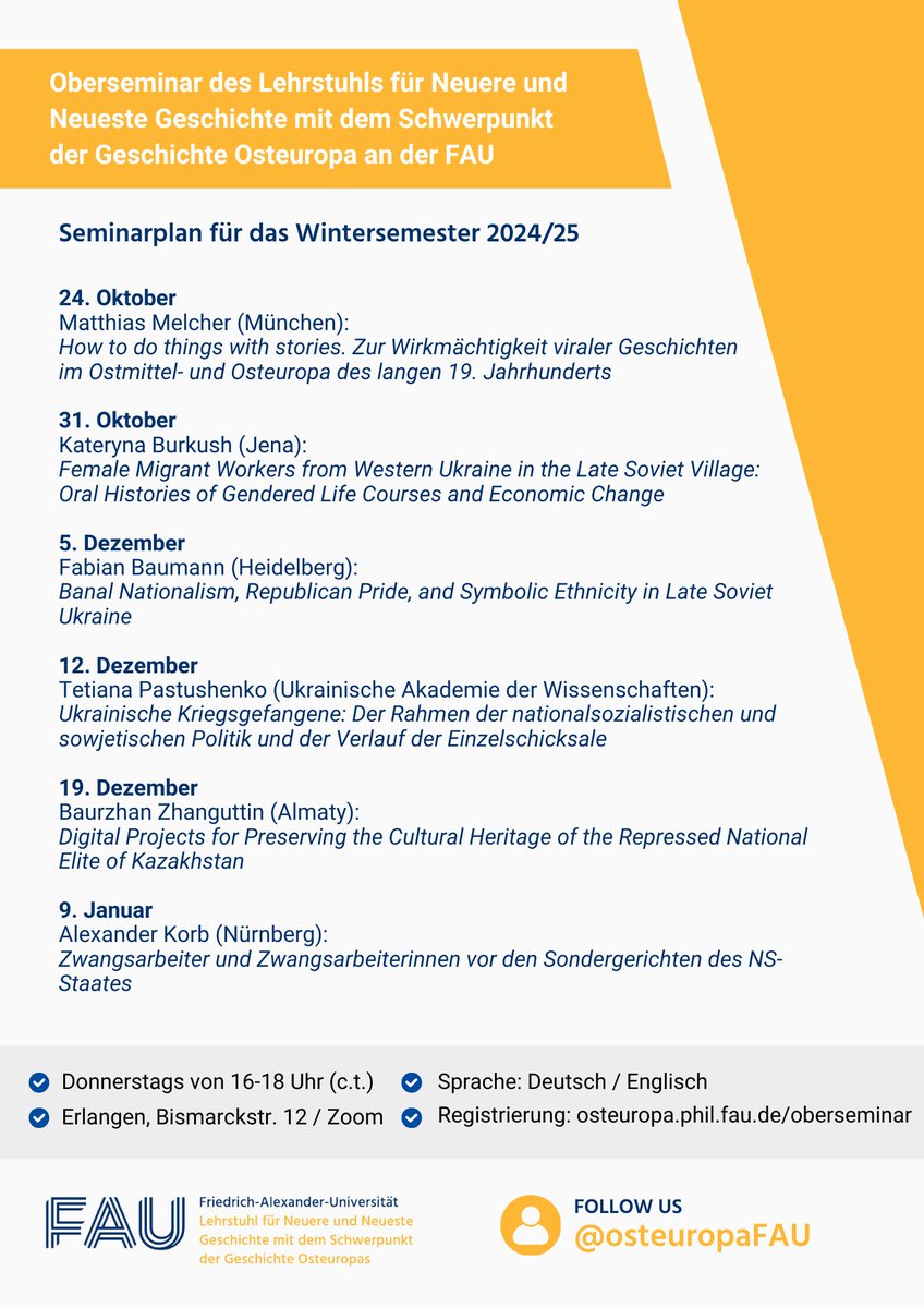 osteuropaFAU's tweet image. Wir laden herzlich zum Oberseminar des Lehrstuhls für Neuere und Neueste Geschichte mit dem Schwerpunkt Geschichte Osteuropas ein. Inhaltliche Schwerpunkte in diesem Semester: Zwangsmigration, Zentralasien und Ukraine.
osteuropa.phil.fau.de/oberseminar/