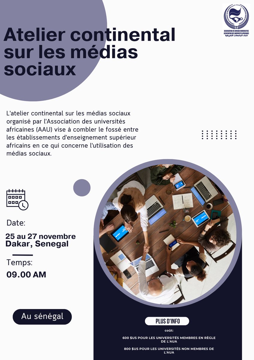 Appel à tous les spécialistes du marketing et des médias sociaux au Sénégal! Ne manquez pas l'atelier de l'AUA sur les médias sociaux, où vous apprendrez les dernières tendances et stratégies pour hausser les performances de vos plateformes de médias sociaux!
#AAUWorkshop
