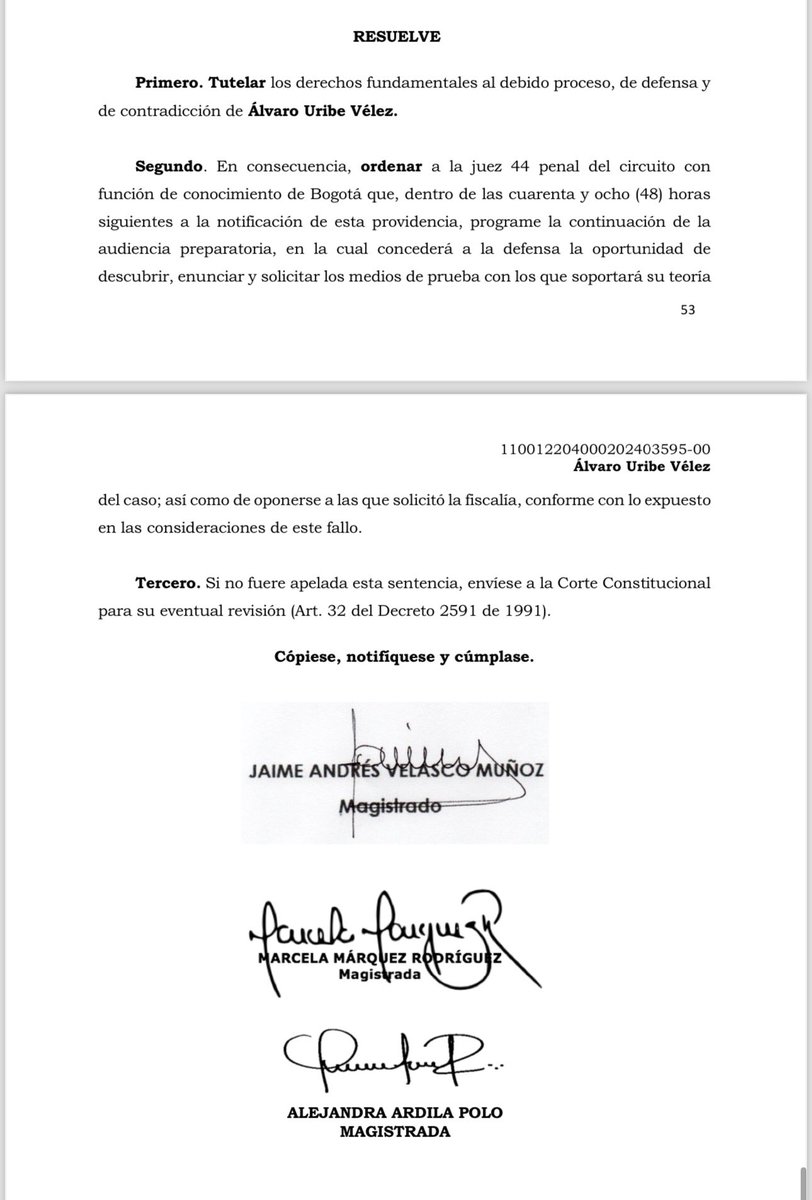 VickyDavilaH's tweet photo. Urgente: Tribunal de Bogotá le ordena a la juez 44 penal del circuito que respete el derecho al debido proceso de Álvaro Uribe, el derecho a la “defensa” y a la “contradicción”. 

El Tribunal le da 48 horas a la juez, quien tendrá que permitir a la defensa del expresidente “descubrir, enunciar y solicitar los medios de prueba con los que soportará su teoría del caso, así como las de oponerse a lo que solicitó la Fiscalía”.

La juez lamentablemente ha mostrado un sesgo contra Uribe. Los ha irrespetado. No le ha dado garantías. Él tiene los mismos derechos que cualquier otro ciudadano. Ni más, ni menos. 

Aquí la misma justicia tuvo que ejercer un control justo ante la arbitrariedad de una juez.