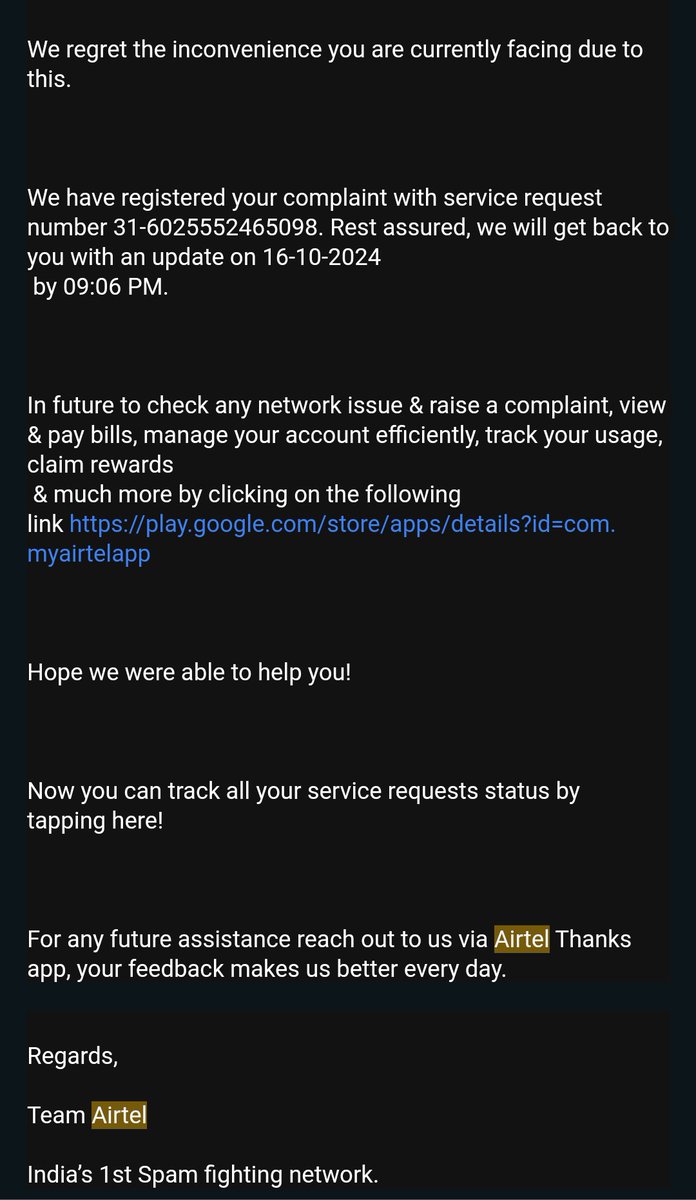 Nithish_Jay's tweet photo. @airtelindia I have raised a billing issue three days back and I was promised a resolution by 21.06 on October 16,2024. It has been 21.09 already and there is no response. I have been charged for roaming calls in infinity plan. Isn't it a daylight robbery https://t.co/ATqQYsgjvy