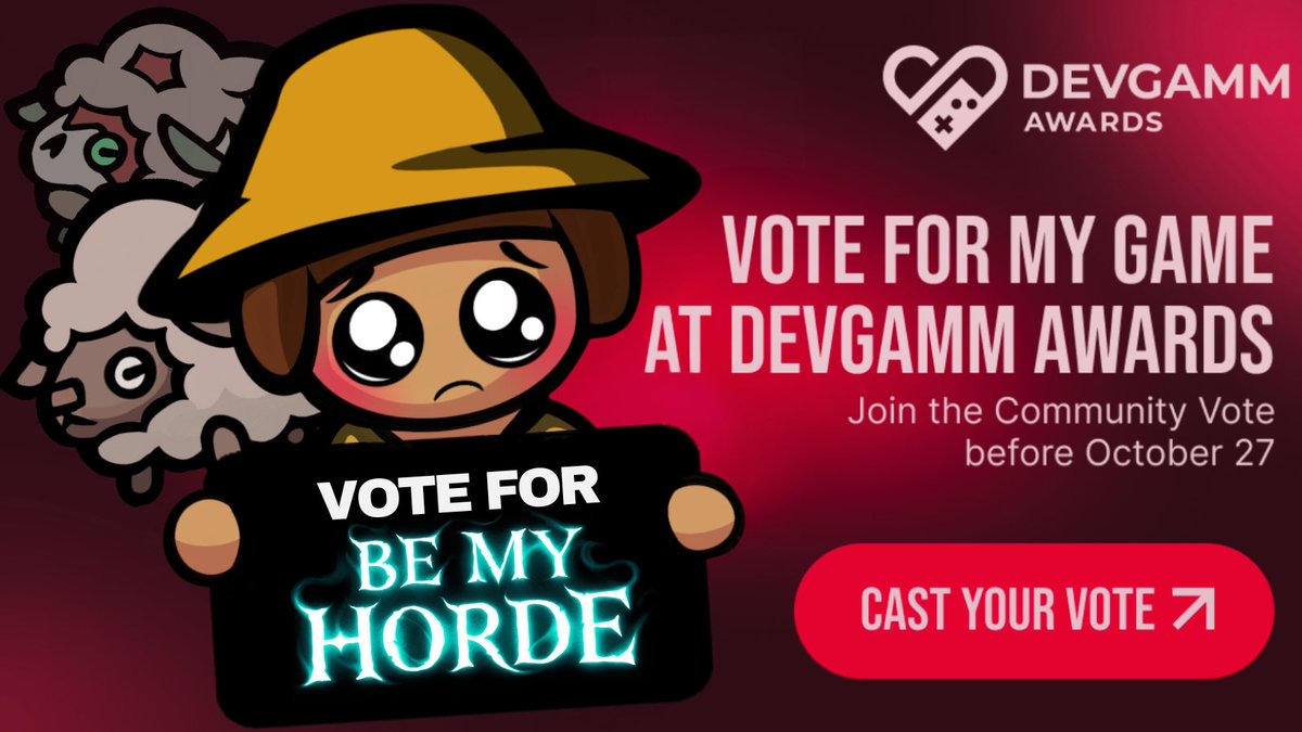 polishedgames's tweet photo. YOUR VOTE MATTERS🫵! Vote for #BeMyHorde on @DevGAMM Awards and help us win in the Community Vote category🏆. Find the link in the comments below👇.
#indiegame #zombie #gaming #videogamev #gamedev #devgamm #contest #roguelike https://t.co/lOgeywTpgN