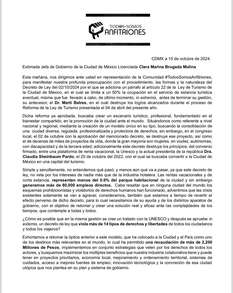 TSANFITRIONES's tweet image. Ésta es la carta que se entregó en la audiencia pública del Zócalo de la CDMX dirigida a la jefa de gobierno @ClaraBrugadaM a la presidenta @Claudiashein y al exjefe de Gobierno @martibatres 
•••
Entregamos múltiples copias del pronunciamiento buscando soluciones reales
