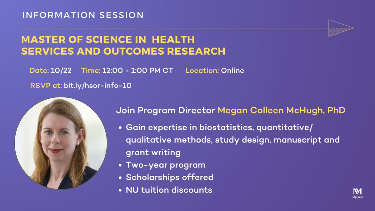 Join us Oct 22 for an info session on Northwestern’s Master of Science in Health Services and Outcomes Research

The two-year program is ideal for researchers looking to grow their skill set in biostats, study design, &amp; MS development

Register here: bit.ly/hsor-info-10