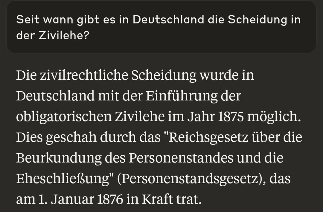 Durch einen Schüler indirekt zum Lernen angeregt. Er schreibt in einer Gedichtsanalyse zum einem Gedicht von 1813 sinngemäß "Das Lyrische Ich trauert nach der Trennung durch Scheidung um seine Geliebte"
Ich: Seit wann gibt es überhaupt die Scheidung?
Wieder etwas Neues gelernt 😀