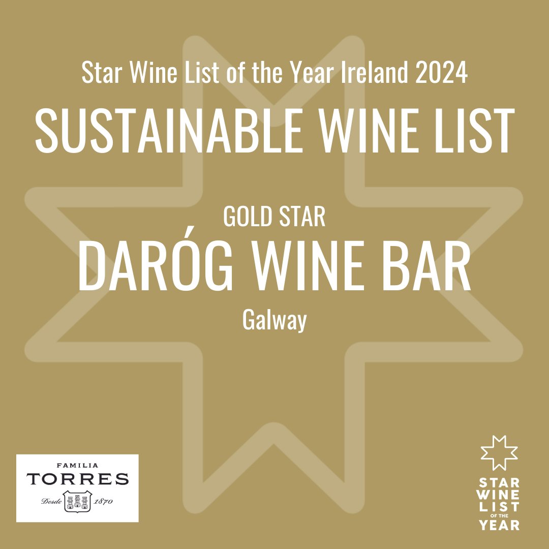 darogwinebar's tweet photo. We are thrilled that Daróg has won the Best Sustainable Wine List for the second year in a row at this year’s @StarWineList 🏆

The winners of Star Wine List Ireland were announced yesterday at a ceremony during #SommiT in Waterford, in collaboration with @IrishGuildSomm https://t.co/M3Xt05or32