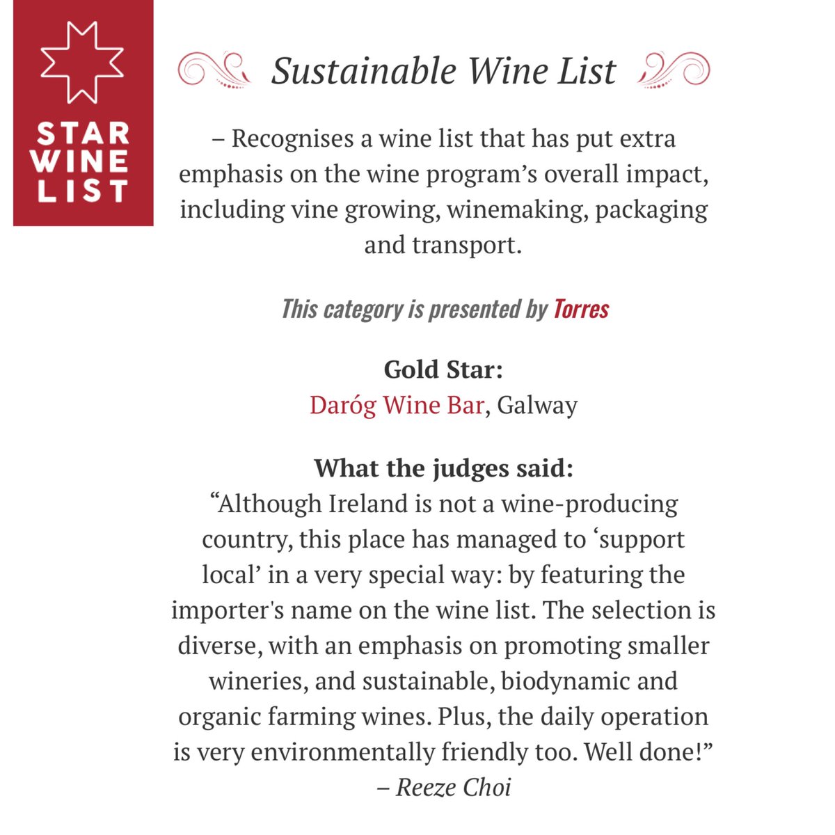 darogwinebar's tweet photo. We are thrilled that Daróg has won the Best Sustainable Wine List for the second year in a row at this year’s @StarWineList 🏆

The winners of Star Wine List Ireland were announced yesterday at a ceremony during #SommiT in Waterford, in collaboration with @IrishGuildSomm https://t.co/M3Xt05or32