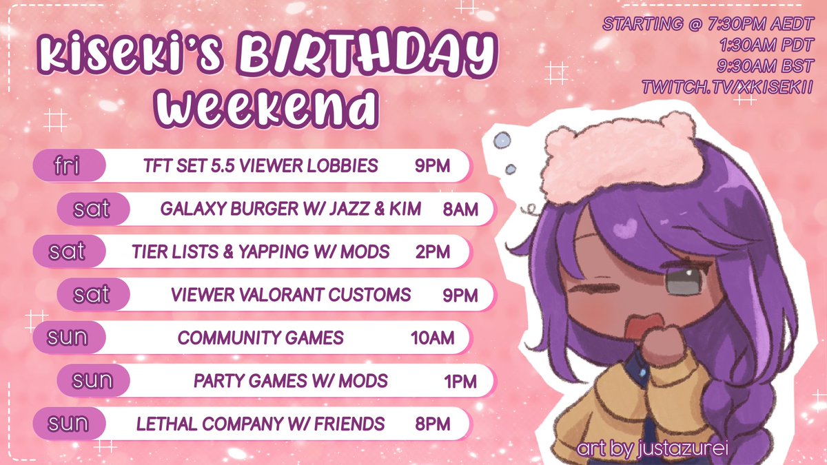 [rts❤️]

kibeki birthday stream 2024 :> starting from 7:30pm fri 18th aedt and going for two days straight!

please drop by bc i have lots of content planned and an important announcement to make on the last day 🫶

art: <a href="/justazurei/">azurei 🎧☕️</a> 
graphic: me (graphic design is not my passion)