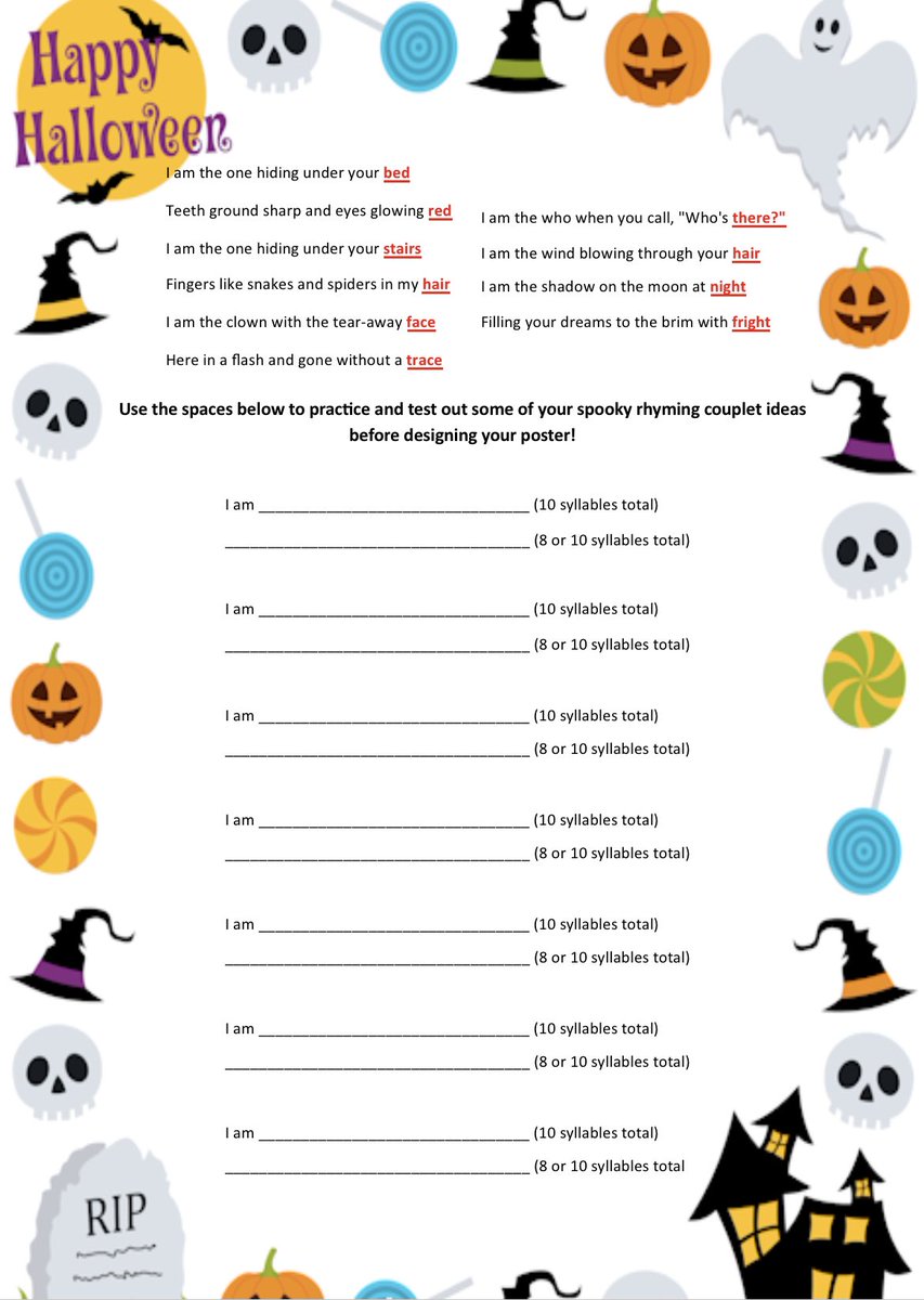 MrCEnglish1's tweet image. We’re running a KS3 Spooky Rhyming Couplet / Poster competition, inspired by Nightmare Before Xmas! 😁🎃

Might be a fun pre-Halloween activity for KS3 students. Feel free to use / adapt! 

@Team_English1 @NIEngTeachers @EnglishScotland @TeamEnglishIre 
Link below 👇🏻#TeamEnglish