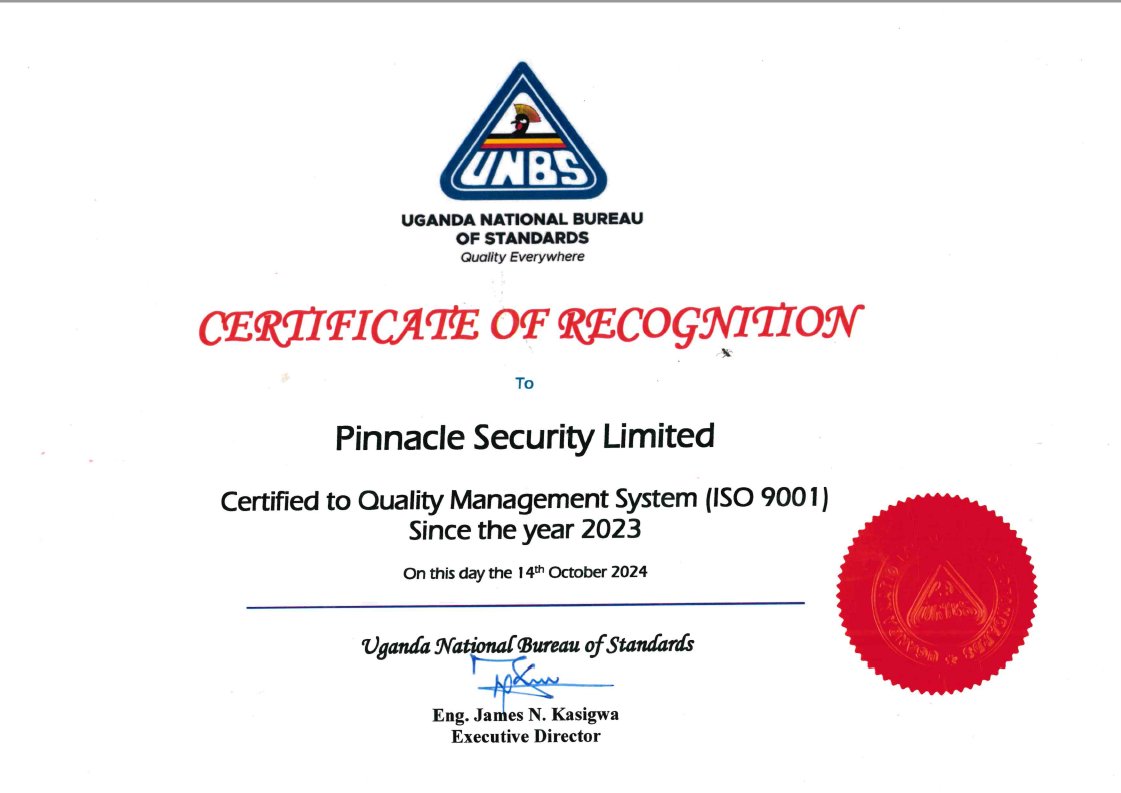 PinnacleSecEA's tweet photo. On Oct 14, we were recognized by @UNBSug for certifying to Quality Management System (ISO 9001) since 2023 in implementing the international standardized system for quality management. Our Quality Assurance &amp; Quality Control Manager; Mr Giel Pretorius received the certificate 👏 https://t.co/jT2Lg7c9Fq