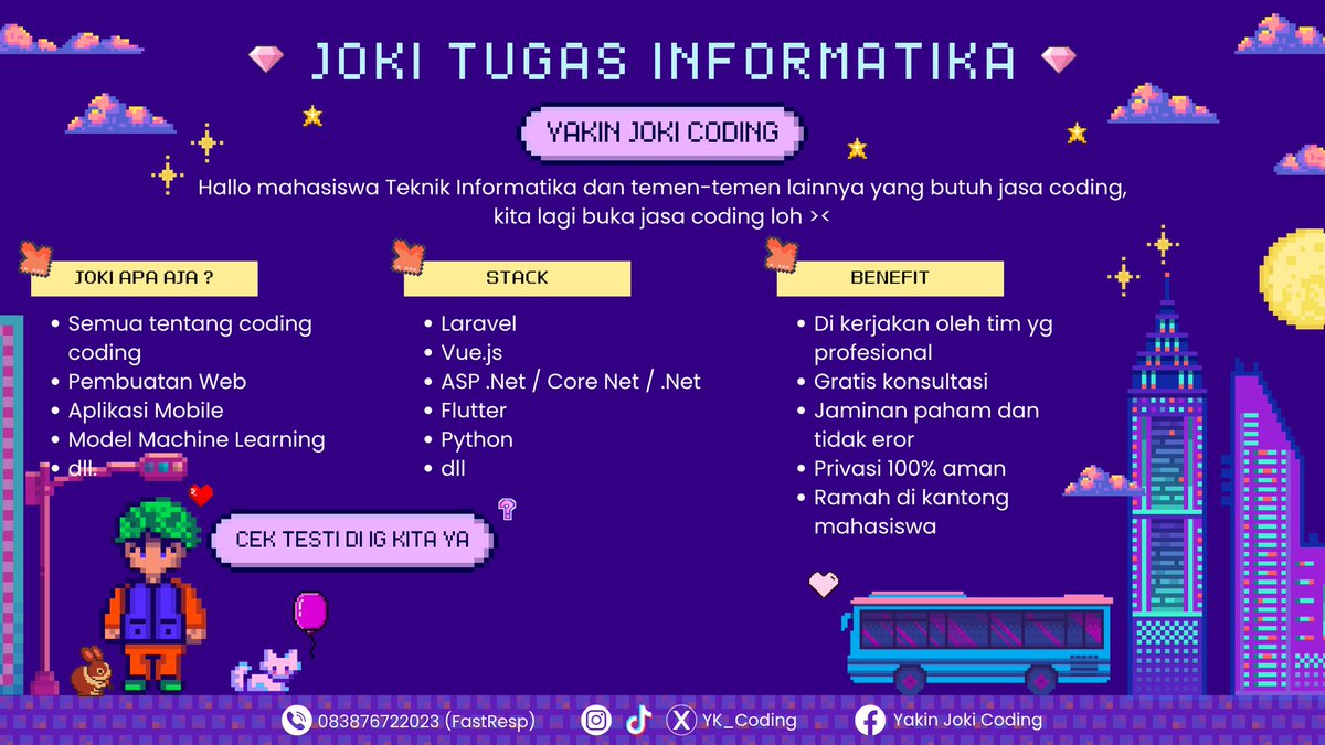 yk_coding's tweet image. kita masih buka joki ya guys😍 testi cek ig kita yahhhh
#jokicoding #IT #informatika #coding #teknikinformatika #joki #jokitugas #jokicodingmurah #anakteknik #jokiinformatika #jokiteknik #zonauang #laravel #coreNET #python #cnn #javascript #kuliah #jokitugas #jokimurah