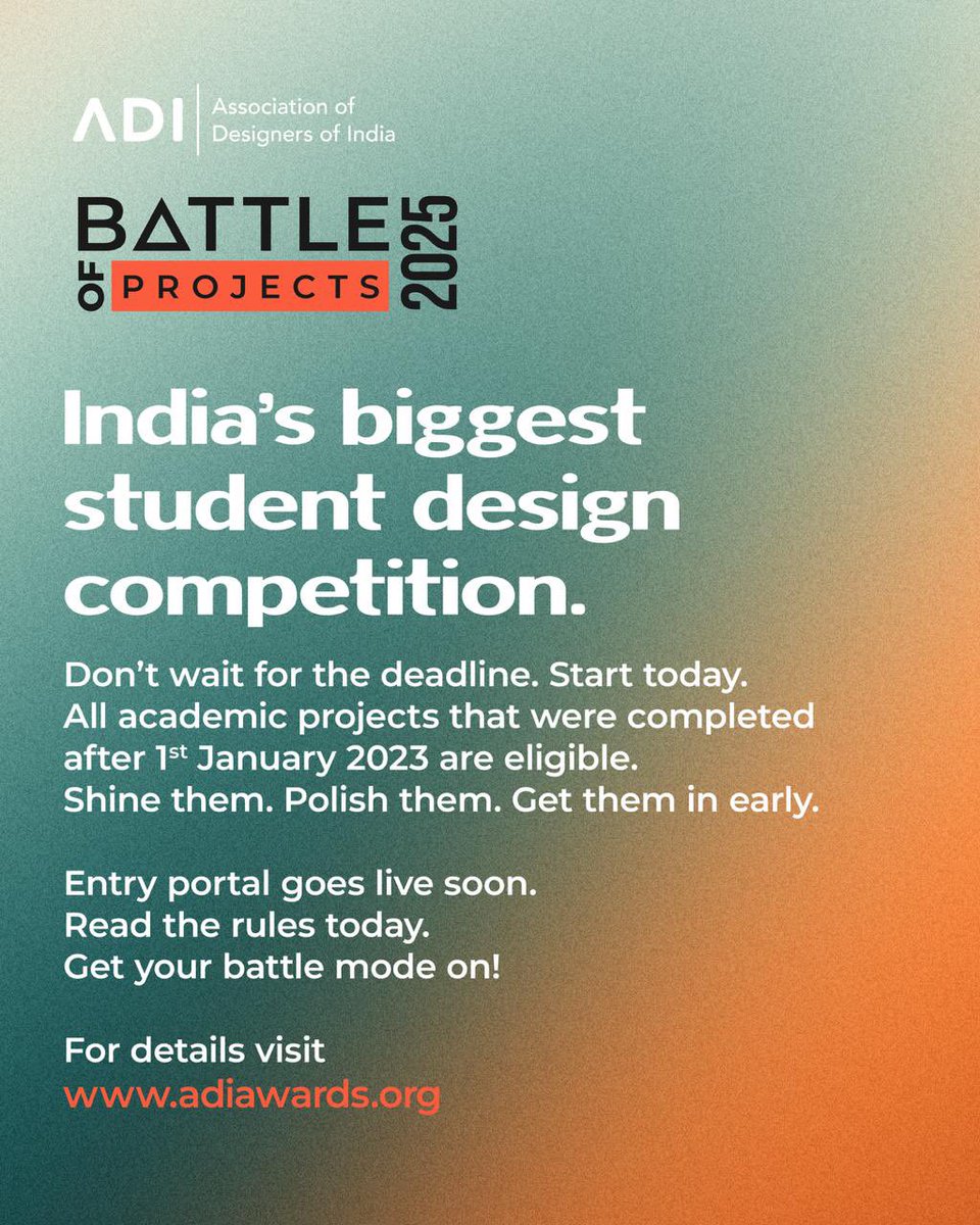 Battle Of Projects is the annual international students academic project competition by the Association of Designers of India. 
Keep checking for updates and Rules etc. on adiawards.org

#ADIawards #ADI #BoP #battleofprojects #adipune
#adiawards #designawards