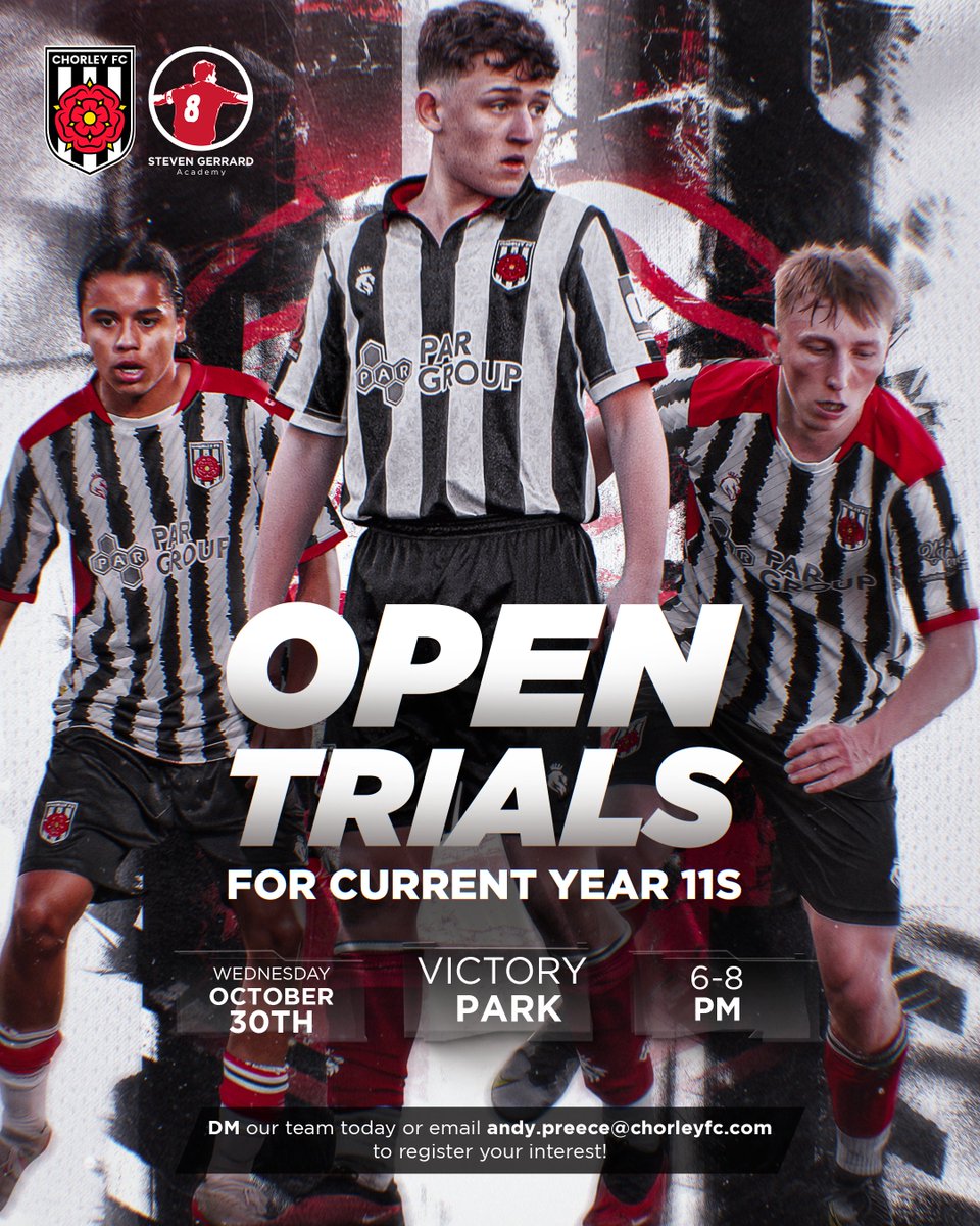 Chorley FC (@chorleyfc) on Twitter photo Our <a href="/SGerrardAcademy/">Steven Gerrard Academy</a> OPEN TRIALS are back!
On Wednesday, October 30, we'll be hosting an event in association with SGA for all current YEAR 11 students at the <a href="/grantstore_/">Grant Store Ltd</a> Victory Park Stadium. 👍🏻
Interested? Email: andy.preece@chorleyfc.com for further details 👀 Our <a href="/SGerrardAcademy/">Steven Gerrard Academy</a> OPEN TRIALS are back!
On Wednesday, October 30, we'll be hosting an event in association with SGA for all current YEAR 11 students at the <a href="/grantstore_/">Grant Store Ltd</a> Victory Park Stadium. 👍🏻
Interested? Email: andy.preece@chorleyfc.com for further details 👀