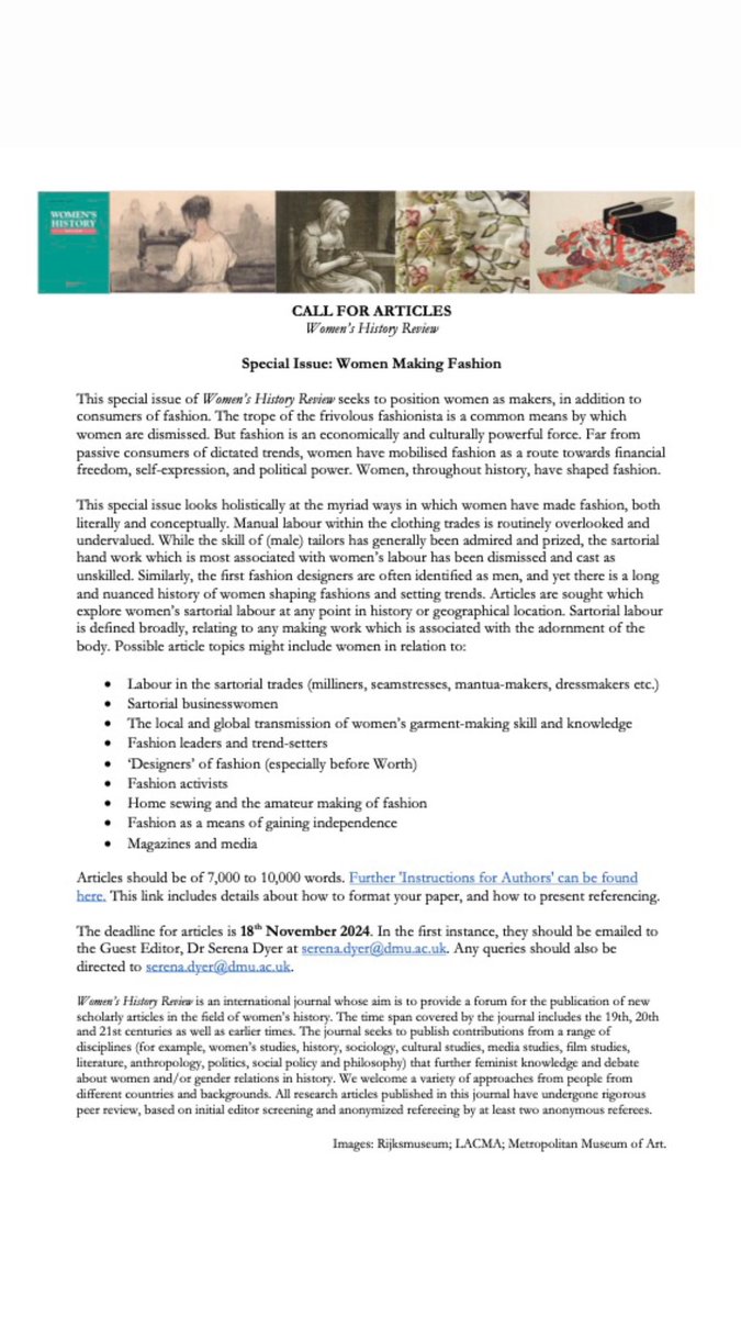 Are you researching women who made fashion, at any time or place through history? Then this is a reminder to please consider submitting an article for my special issue of Women’s History Review. Deadline 18th November.