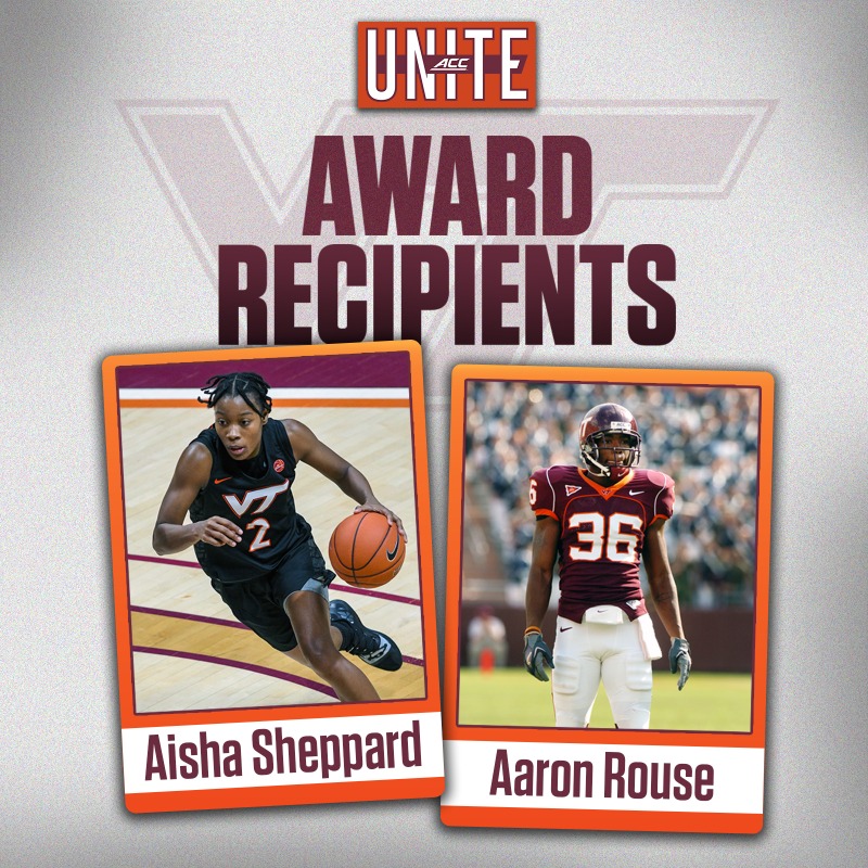 hokiesports's tweet photo. Congratulations to @HokiesWBB alum Aisha Sheppard and @HokiesFB alum Aaron Rouse for being selected as recipients of the 2024 ACC UNITE Award 😁