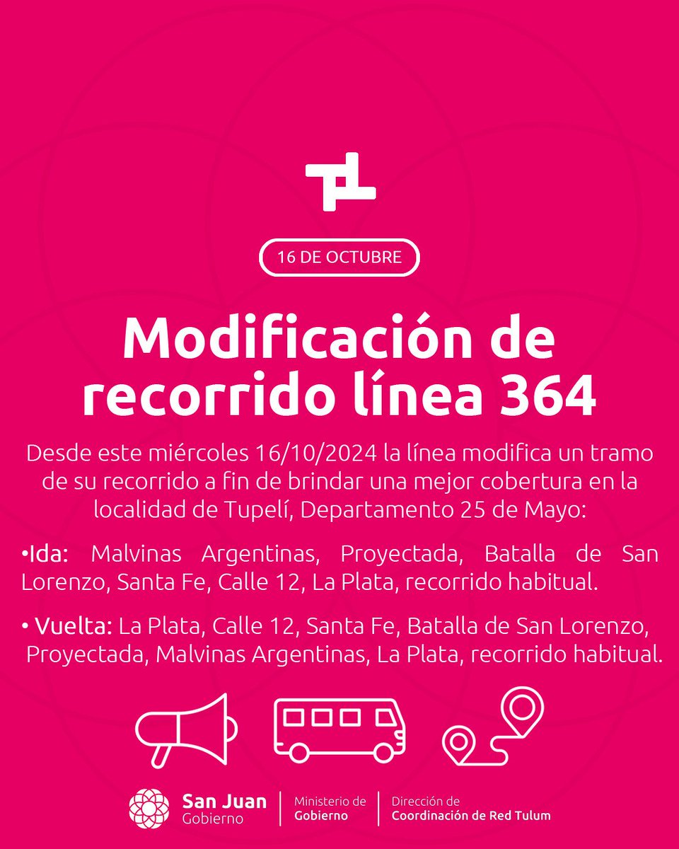 redtulumsj's tweet photo. 🚍 Modificación de recorrido línea 364 🔵
#RedTulum #MinGobierno #LauraPalma #TránsitoyTransporte #SUBE #MarceloOrrego #SanJuan #SanJuanArgentina https://t.co/nV9GIr0C0a