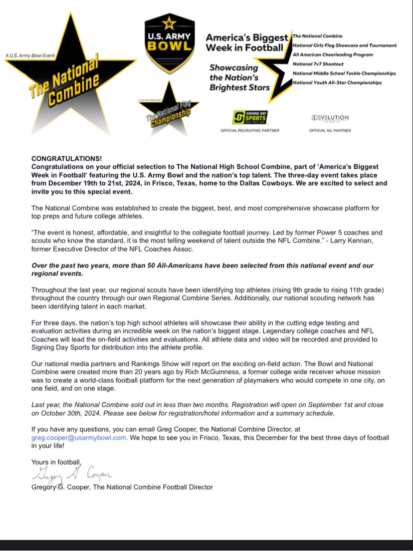 ๐ช๐๐๐๐ ๐พ๐๐๐๐ (@chevywatts12) on Twitter photo Blessed to receive my official invitation letter to #TheNationalCombine #TNC at the <a href="/USArmyBowl/">Military Appreciation Bowl Week</a>. Thank you Blessed to receive my official invitation letter to #TheNationalCombine #TNC at the <a href="/USArmyBowl/">Military Appreciation Bowl Week</a>. Thank you