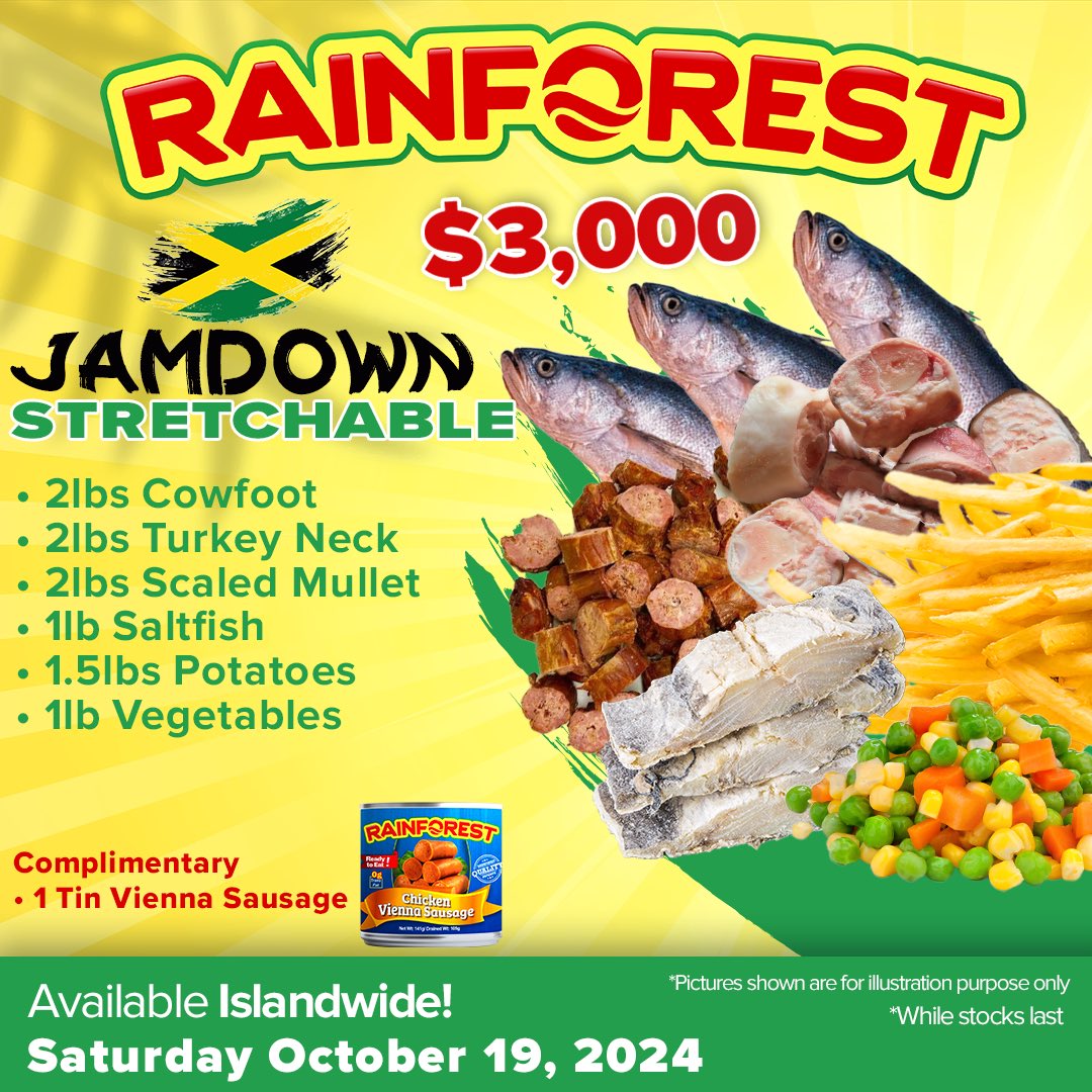 RainforestCarib's tweet photo. For just $3000, you can get:
✔️Cow Foot
✔️Turkey Neck
✔️ Scaled Mullet
✔️ Saltfish
✔️ Potatoes
✔️ Vegetables

This is definitely a DEAL!
You don’t want to miss out!

*Offer good while stocks last. All sales are final. No exchanges or substitutions. https://t.co/tiULmZJYIl
