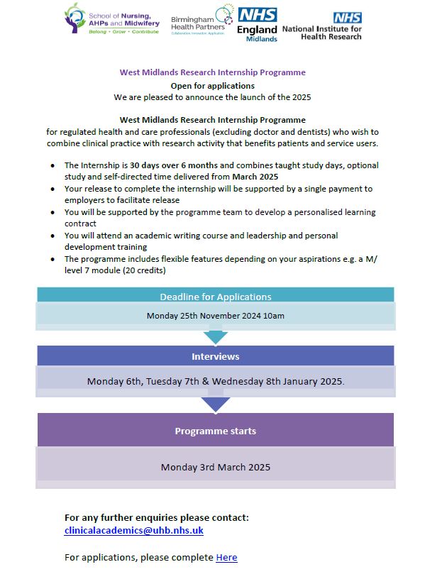 BHP Clinical Academics (@bhpclinac) on Twitter photo ‼️Contact clinicalacademics@uhb.nhs.uk to join our webinars next week, you will hear all about our new Research Internship Programme, for regulated health & care professionals (excluding doctor and dentists) open for applications now, link to apply here: forms.gle/VQqaFNPrpMxnEV… ‼️Contact clinicalacademics@uhb.nhs.uk to join our webinars next week, you will hear all about our new Research Internship Programme, for regulated health & care professionals (excluding doctor and dentists) open for applications now, link to apply here: forms.gle/VQqaFNPrpMxnEV…