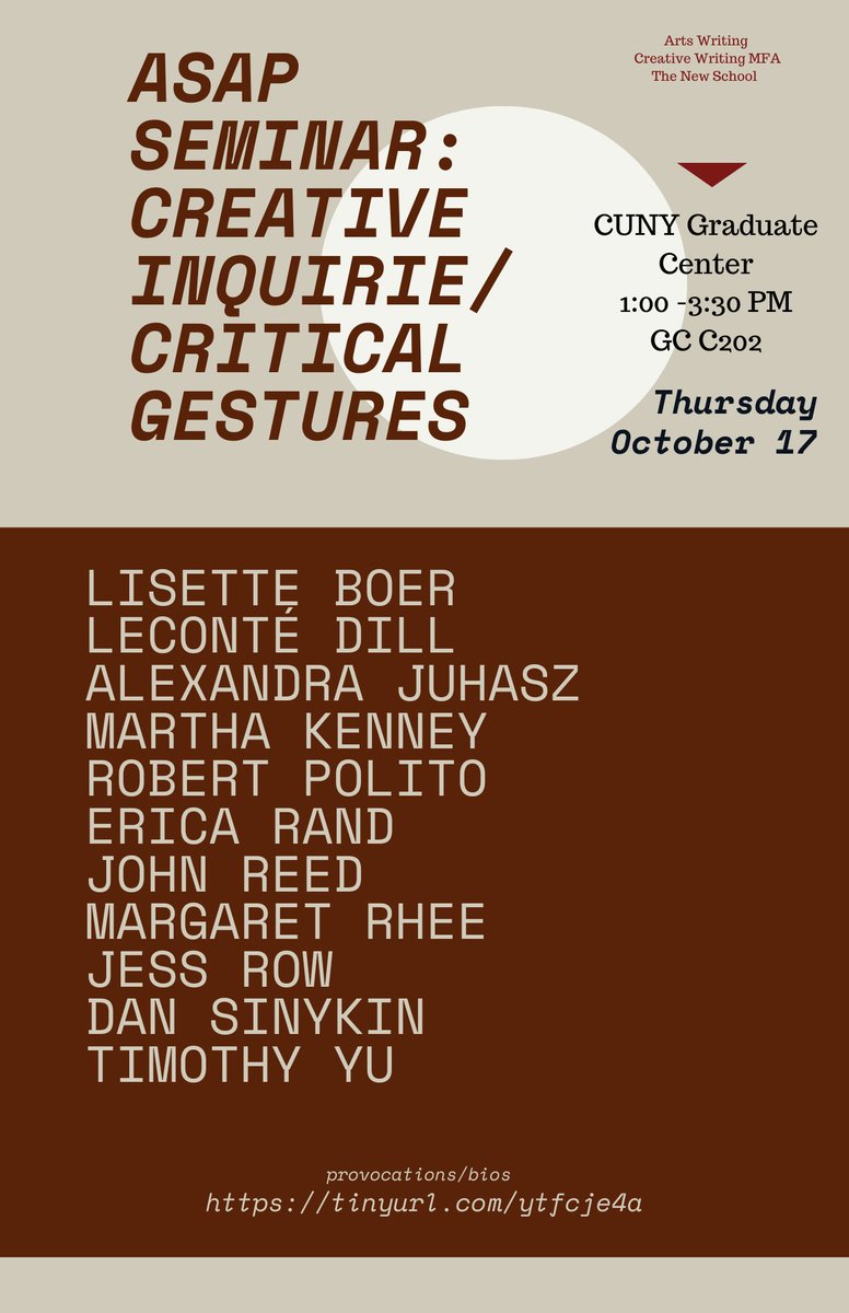 Tomorrow! ASAP Conference, please join us for a dynamic seminar on creative and critical writing. Featuring
<a href="/DocDill/">LeConte Dill</a>
<a href="/dan_sinykin/">Dan Sinykin</a>
<a href="/timpanyu/">Timothy Yu</a>
<a href="/Fantomas2go/">Robert Polito</a>
@mediapraxisme
@jessrow 
and many others! Looking forward to this conversation of creative inquiries/critical gestures
