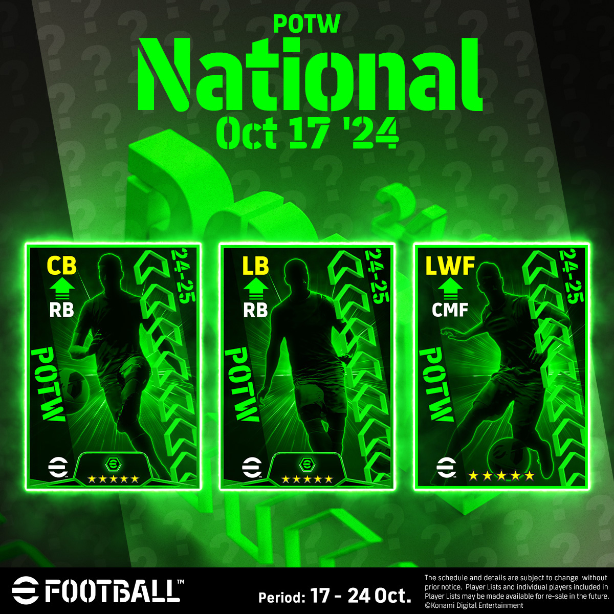 Os últimos POTW do #eFootball estão a caminho amanhã! Aqui está uma prévia dos 3️⃣ jogadores com novas posições 👀

LD ➡️ ZC
LD ➡️ LE
MLG ➡️ PTE

Você consegue adivinhar quem são eles? 🤔