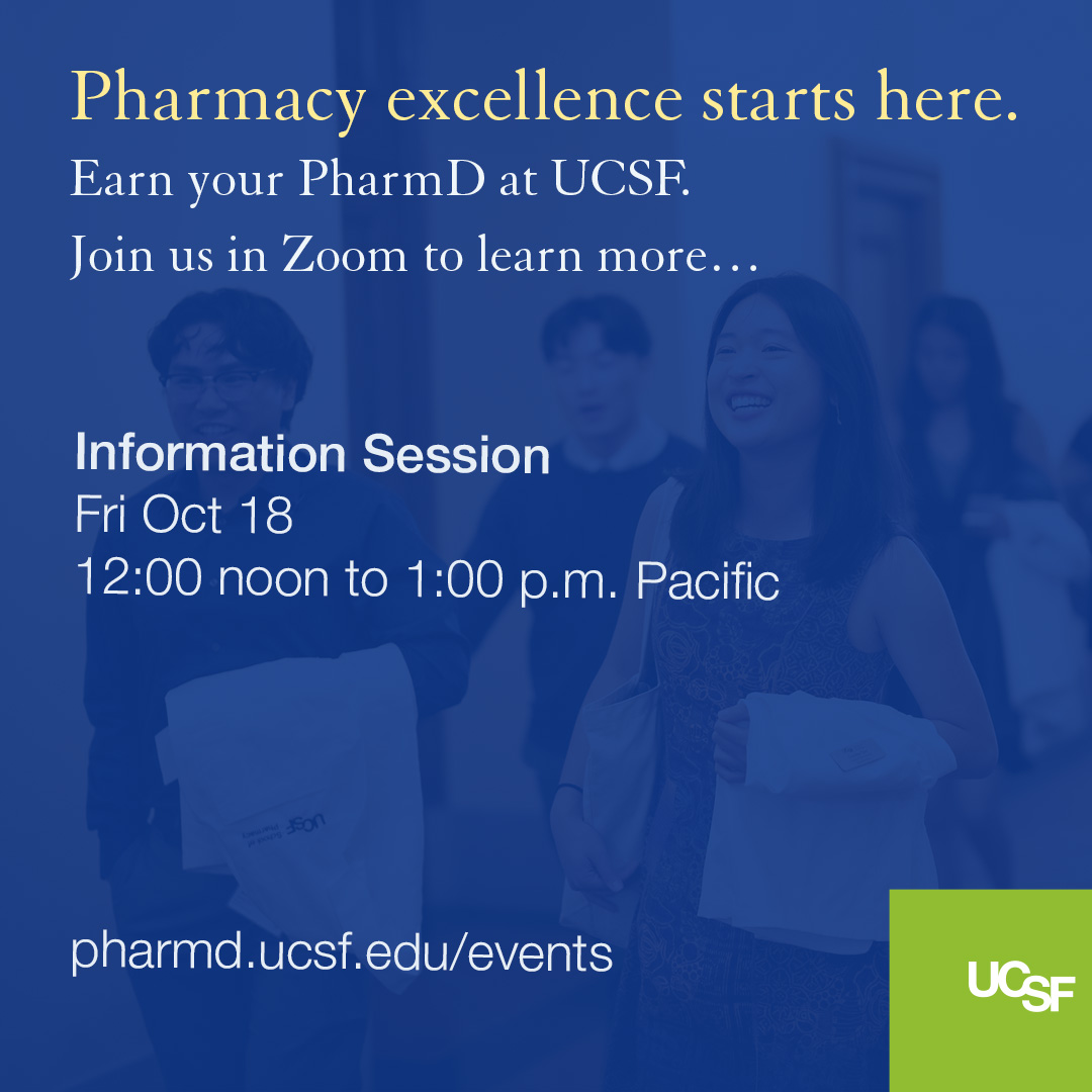 UCSF School of Pharmacy (@ucsfpharmacy) on Twitter photo Considering a career in pharmacy? 💊 Join us Friday, Oct 18, from 12-1pm PT, for an online info session about the <a href="/UCSF/">UC San Francisco</a> #PharmD program.📅Register now to learn more about how UCSF can help shape your future in pharmacy. pharmd.ucsf.edu/connect/infose… Considering a career in pharmacy? 💊 Join us Friday, Oct 18, from 12-1pm PT, for an online info session about the <a href="/UCSF/">UC San Francisco</a> #PharmD program.📅Register now to learn more about how UCSF can help shape your future in pharmacy. pharmd.ucsf.edu/connect/infose…