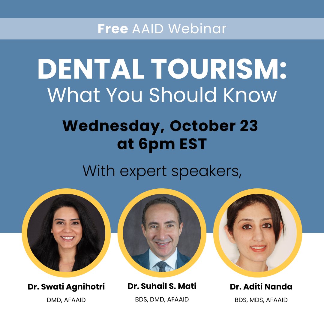 AAID_LifeSmiles's tweet photo. Considering dental work abroad? Join our FREE webinar, "Dental Tourism: What You Should Know," on October 23 at 6:00 PM ET. Get expert insights into dental care overseas and make an informed decision. https://t.co/yhUOwFP3LT
#DentalTourism #DentalImplants #Healthcare #AAID https://t.co/K8zKX4VYS0