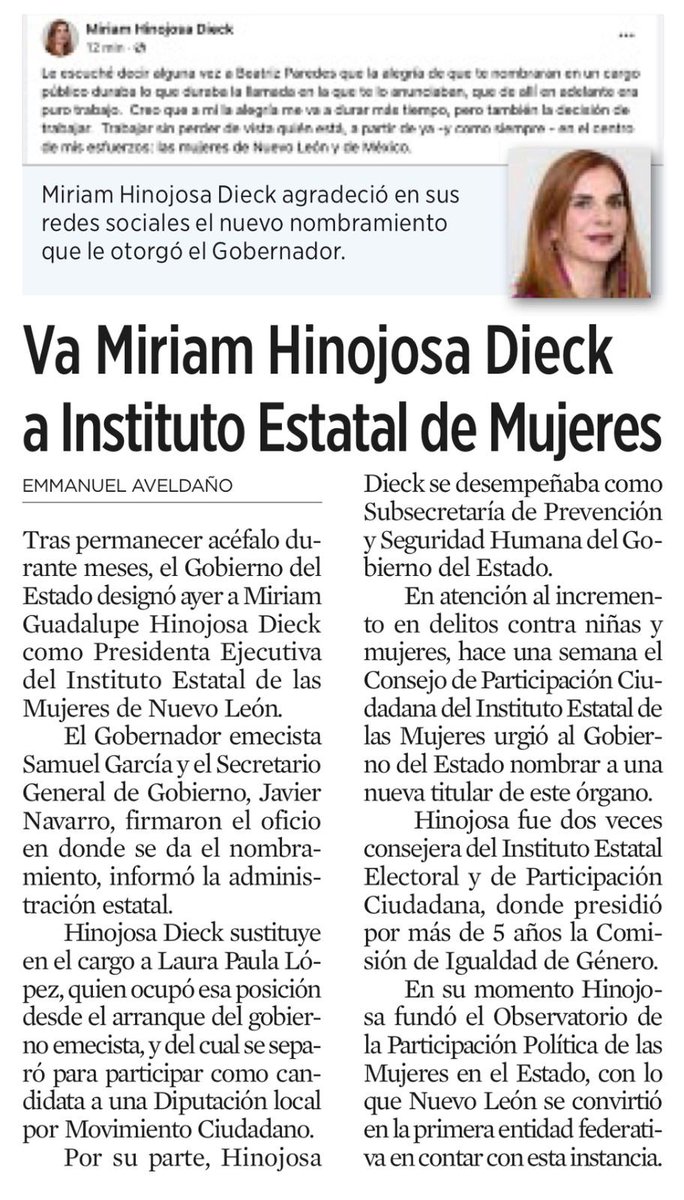 RedPolitologas's tweet photo. 📢Nuestra colega 👑@MiriamHinojosaD ha sido distinguida con el nombramiento como responsable del Instituto Electoral de Mujeres del estado de Nuevo León. #PuroOrgullo de la @RedPolitologas 

#NoSinMujeres #NosotrasSoloSumamos https://t.co/ukPhLBvq8y