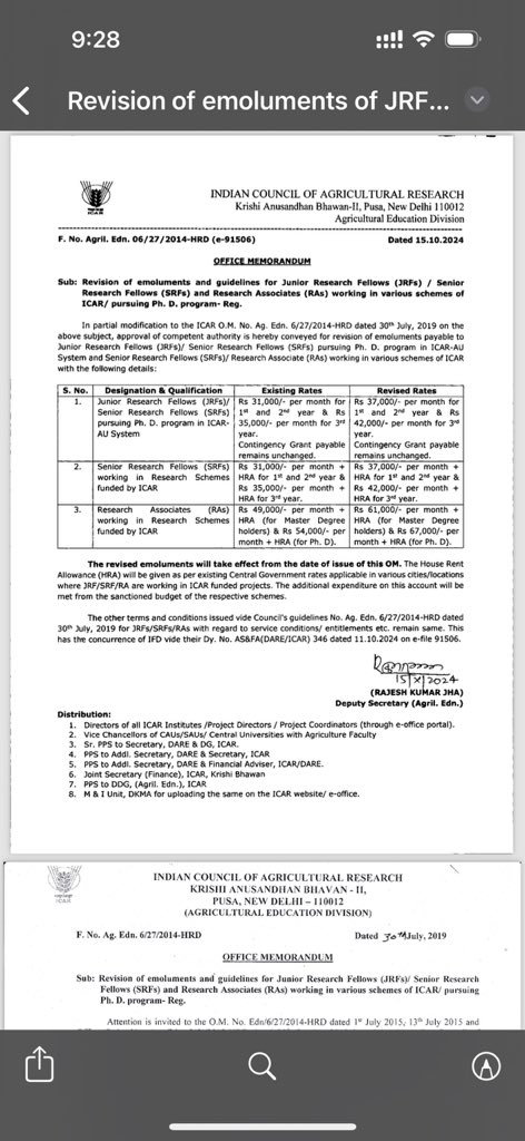 Revision in rate of fellowships for JRF, SRF and Research Associates announced by <a href="/icarindia/">Indian Council of Agricultural Research.</a> yesterday.