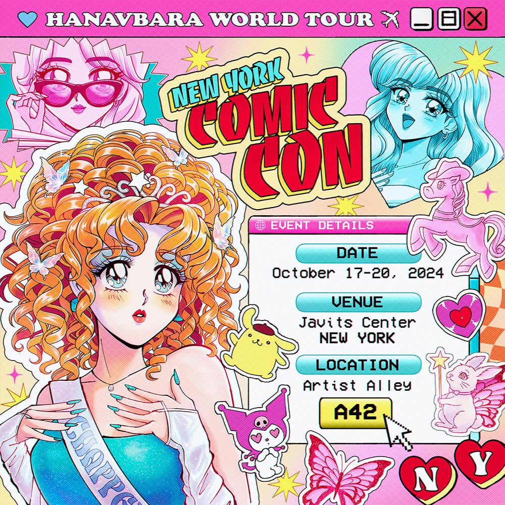 hanavbara's tweet photo. hello again new york 🥹🇺🇸💛💜

meet us this weekend at NYCC!  @NY_Comic_Con you can find us at artist alley, booth A42 💫 we will have prints, posters, keychains, tote bags, freebies, and more! ⬇️

#NYCC #NYCC2024 https://t.co/Iy4dkO3RqC