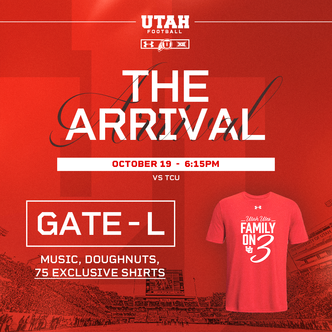THE ARRIVAL

Gather outside Gate L on 500 South by 6:15 PM MT to greet <a href="/Utah_Football/">Utah Football</a> as they step off the bus. Enjoy food, live music and exclusive t-shirts for the first 75 fans before each of Utah's home games that will only be available when the team arrives at <a href="/Rice_Eccles/">Rice-Eccles Stadium</a>