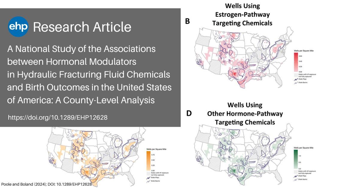 NEW: In a county-level study of fracking fluid ingredients linked to human hormone pathways, Poole and Boland associations of the density of wells using estrogen-modulating chemicals with rates of adverse birth outcomes ➡️ buff.ly/3Y4QzCB @maryrboland
