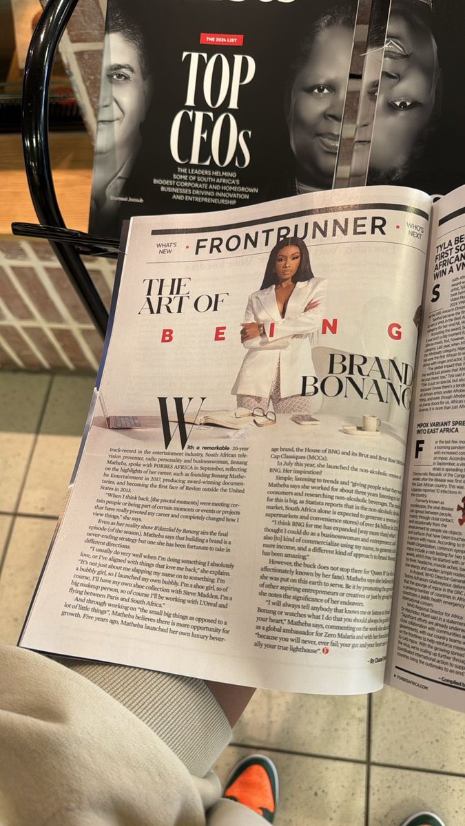 Bonang's tweet photo. …we made @forbesafrica this month too. Top CEOs - FrontRunner. 🥳🥂 YASSSS to my baby, @houseofbng. 🇿🇦🥂 https://t.co/C6DXE3DKxB