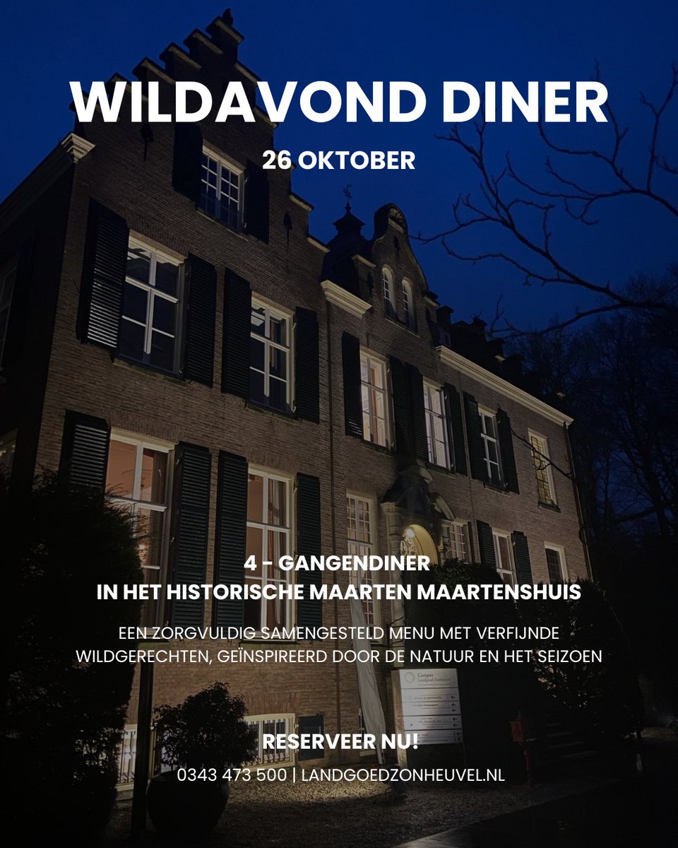 Wilddiner in het Maarten Maartenshuis ⁠
⁠
📅 Datum: Zaterdag 26 oktober 2024⁠
📍 Locatie: Maarten Maartenshuis, Landgoed Zonheuvel⁠
⁠
Reserveren kan via onze website of door contact met ons op te nemen. Mis deze unieke ervaring niet! ⁠
🌐l8r.it/M5cZ