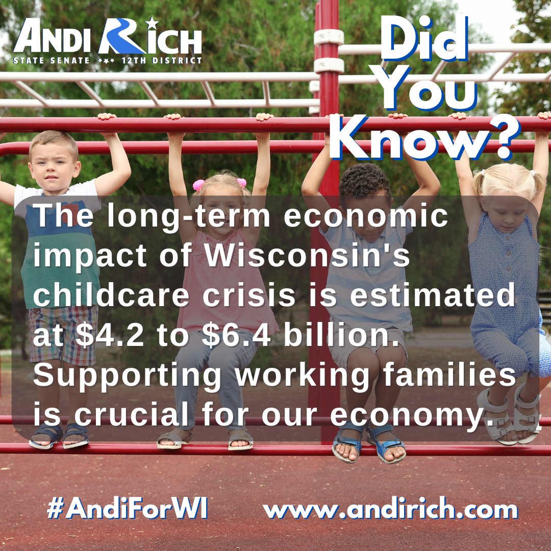 AndiRichWI's tweet image. Did You Know? The long-term economic impact of Wisconsin&apos;s childcare crisis is estimated at $4.2 to $6.4 billion. Supporting working families is crucial for our economy.
#AndiForWI #Northwoods #DidYouKnow