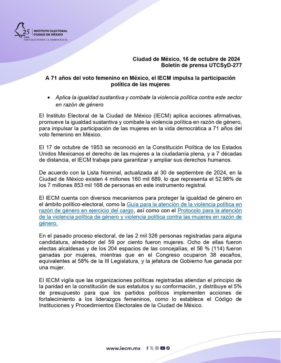 iecm's tweet photo. A 71 años del Voto Femenino en #México 🇲🇽, trabajamos por la igualdad y la erradicación de la violencia política contra las mujeres  en razón de género. Impulsamos mecanismos para garantizar una participación plena y segura de las mujeres en la  CDMX. 🙎‍♀️
 https://t.co/w0lOKyZvdA https://t.co/8H5RQn6ACz