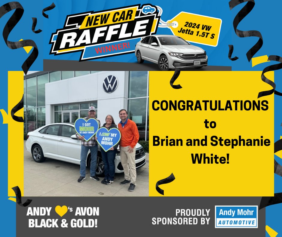 🖤💛 Congratulations to 𝗕𝗿𝗶𝗮𝗻 𝗮𝗻𝗱 𝗦𝘁𝗲𝗽𝗵𝗮𝗻𝗶𝗲 𝗪𝗵𝗶𝘁𝗲! They bought a raffle ticket to support the Avon High School Bands and won the grand prize! We're sure they're going to enjoy their new Andy Mohr Volkswagen Jetta! 💛🖤