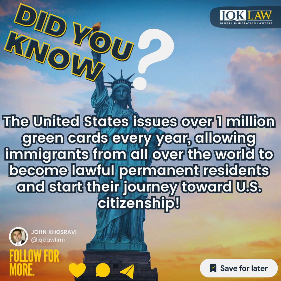 JQKLawFirm's tweet image. Did you know?

The U.S. grants over 1 million green cards annually, giving immigrants a chance to become lawful permanent residents and begin their path to citizenship!

Ready to start your journey?

#USImmigration #GreenCard #PathToCitizenship #ImmigrantStories #JQKLaw